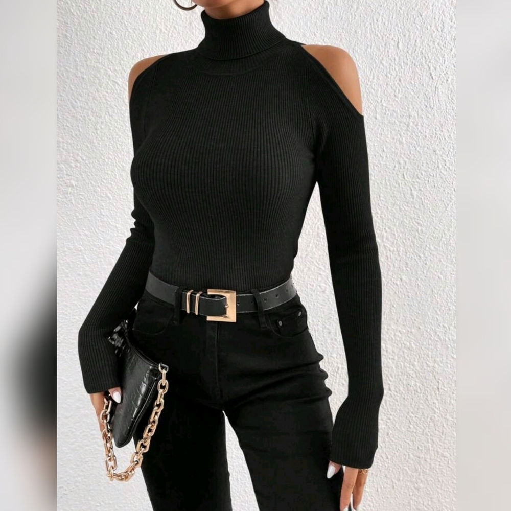 New Chic Ribbed Knit Cold Shoulder Top Sweater Black